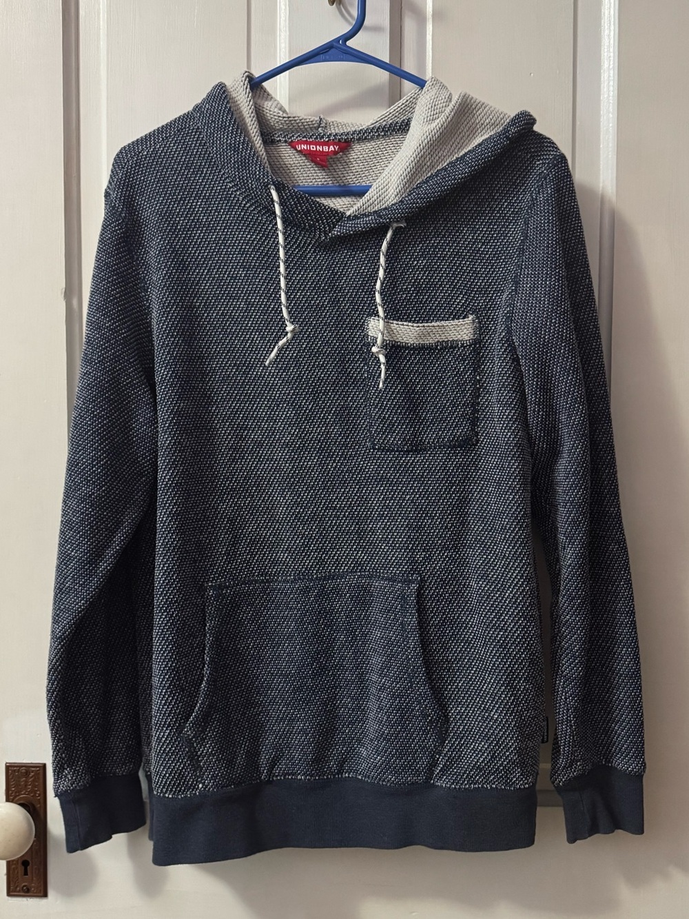 UNIONBAY Men’s Navy Hooded Knit Pullover with Cream Trim